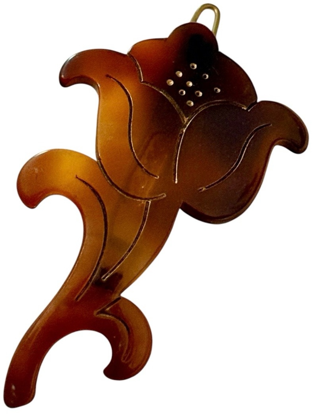 1960’s Dainty French Floral Hair Clip, Tortoiseshell Colored, 2.5” Long